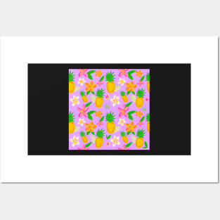 Tropical pineapple print with plumeria flowers. Posters and Art